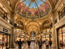 Interior de un shopping con cúpula decorada